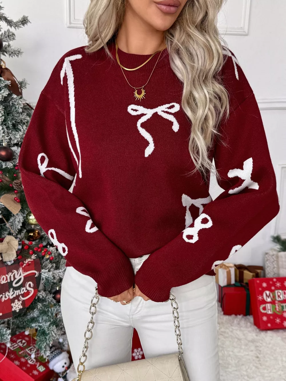 Bow Round Neck Long Sleeve Sweater, image 2