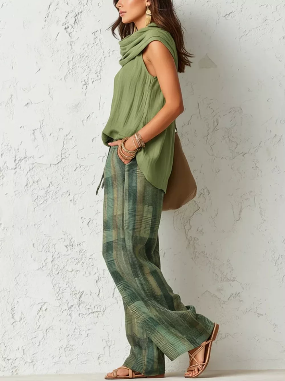 Sleeveless Cowl Neck Top and Plaid Wide-Leg Pant Set, image 3