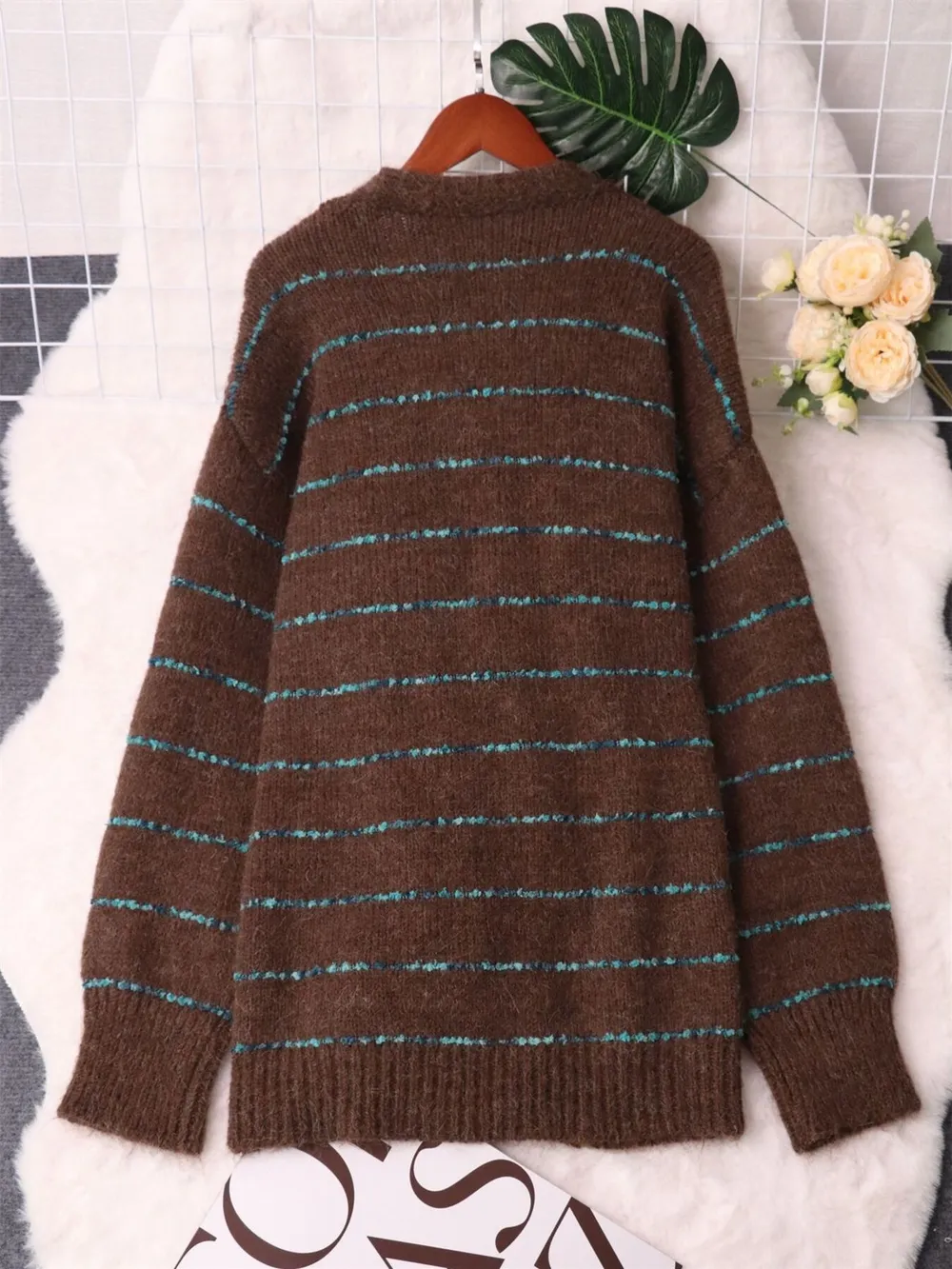 Striped Button-Up Cardigan with V-Neck Design, image 17