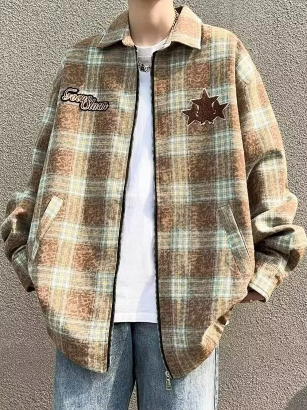 Men's Plaid Zip Up Long Sleeve Jacket