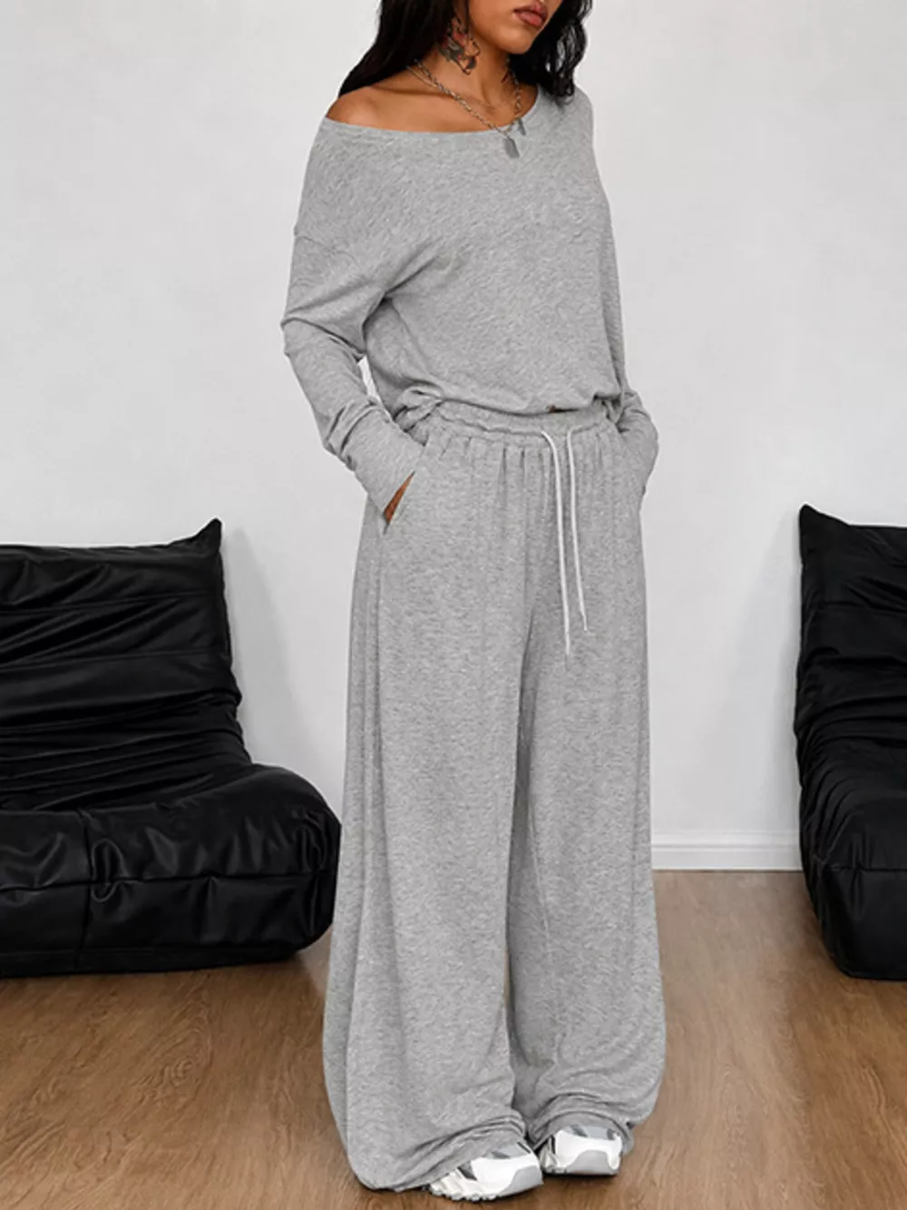 Boat Neck Long Sleeve Top and Wide-Leg Pants Set, image 2