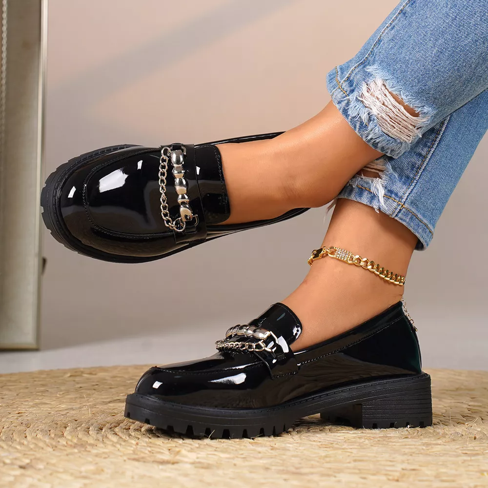 Chain Embellished Round Toe Loafers, image 2