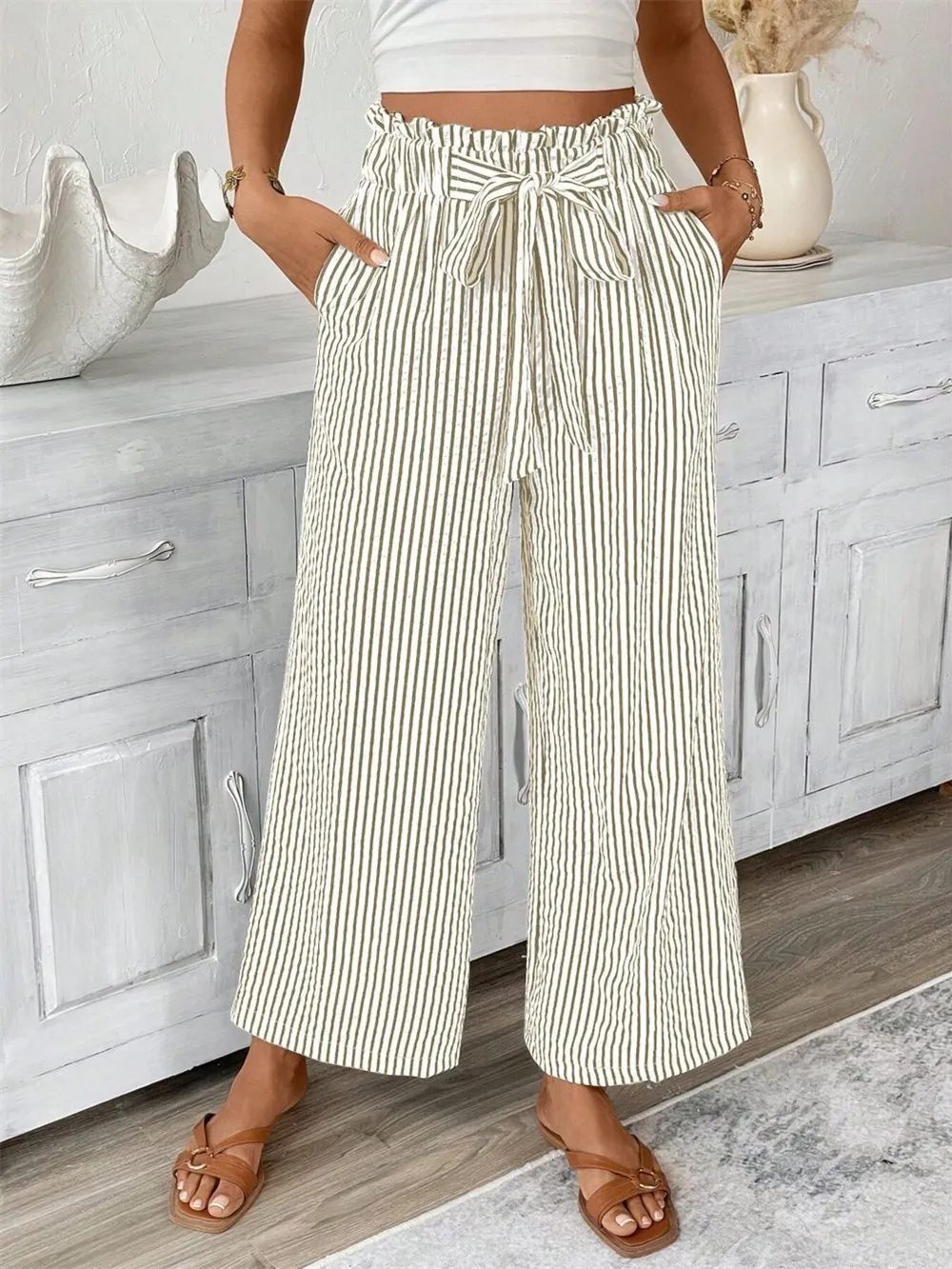 Full Size Striped Wide Leg Paper Bag Pants Plus Size, image 5