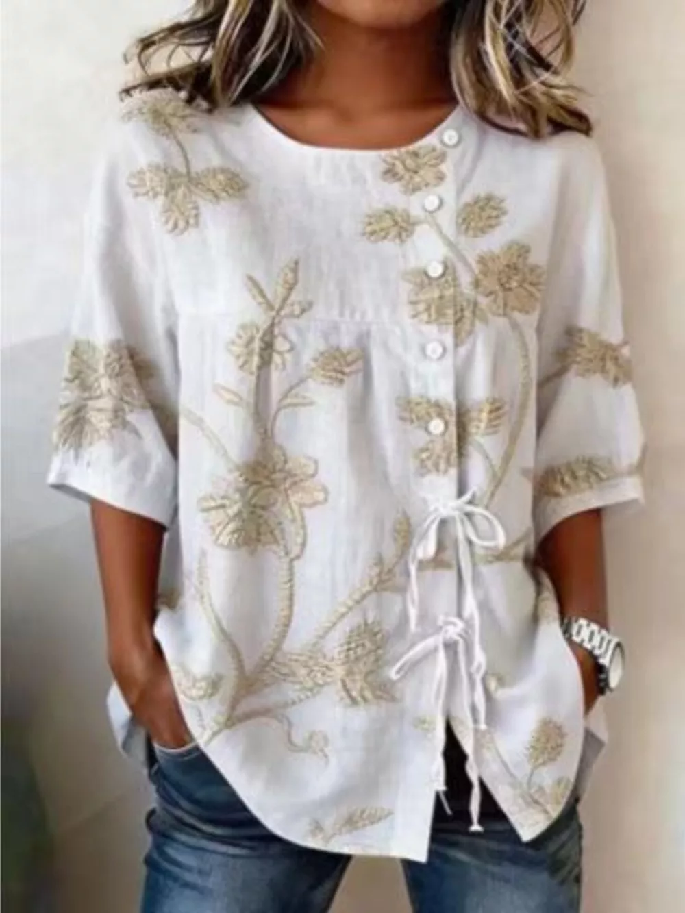 Full Size Embroidered Floral Tie Front Shirt Plus Size, image 7