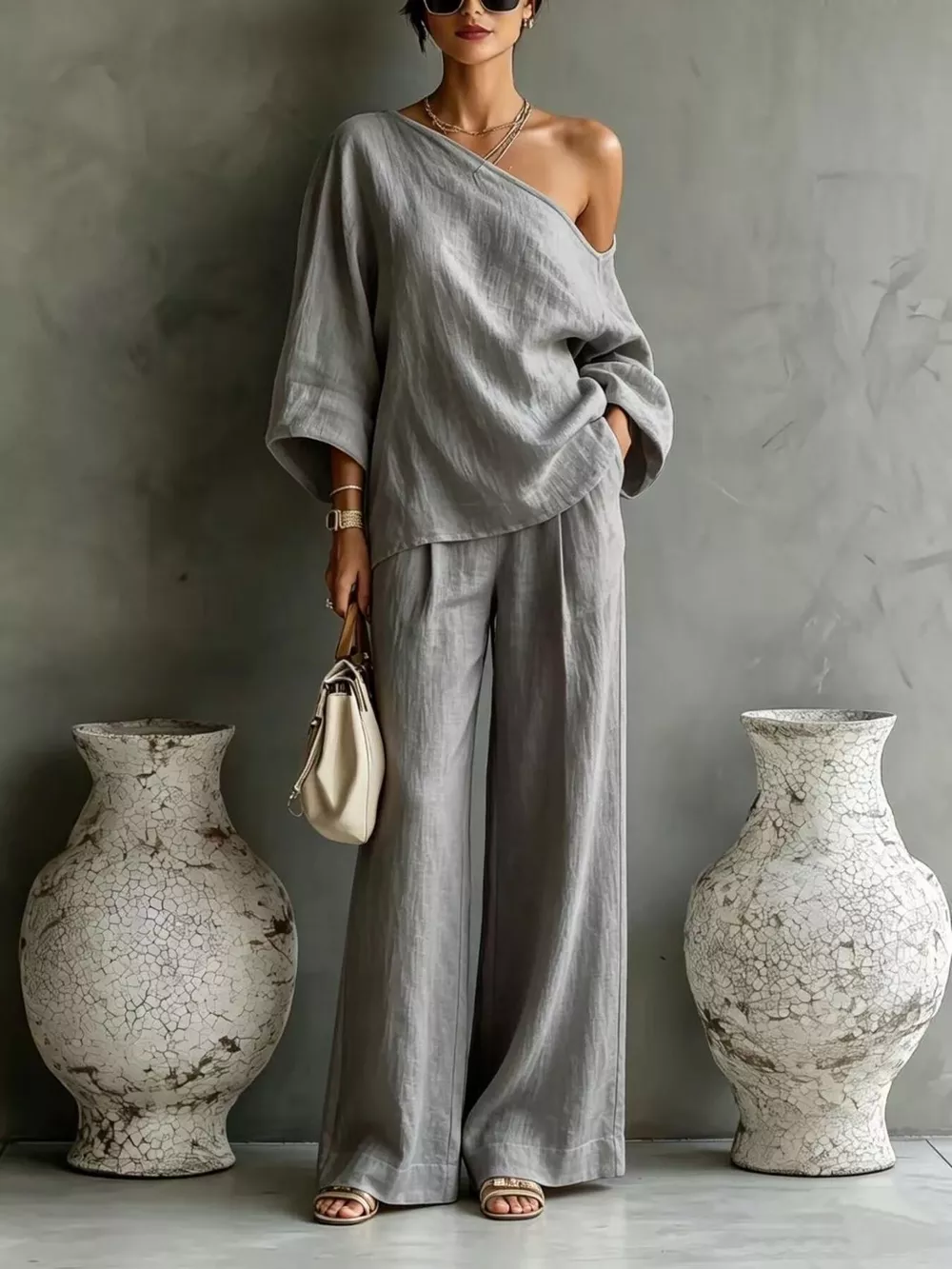 One Shoulder Top and Wide Leg Pants Set, image 7