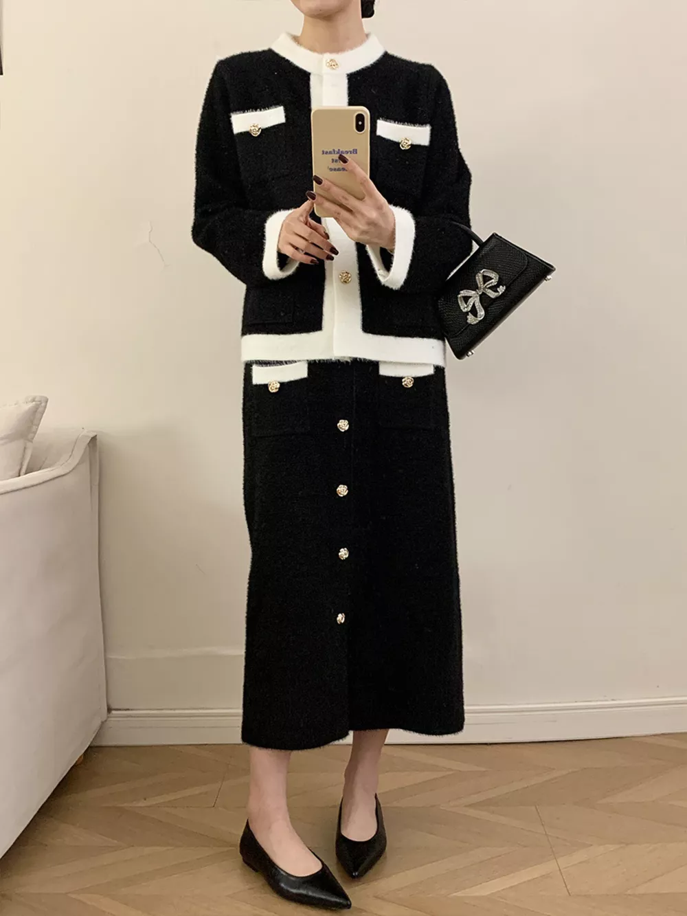 Contrast Trim Jacket and Skirts Sweater Set, image 11