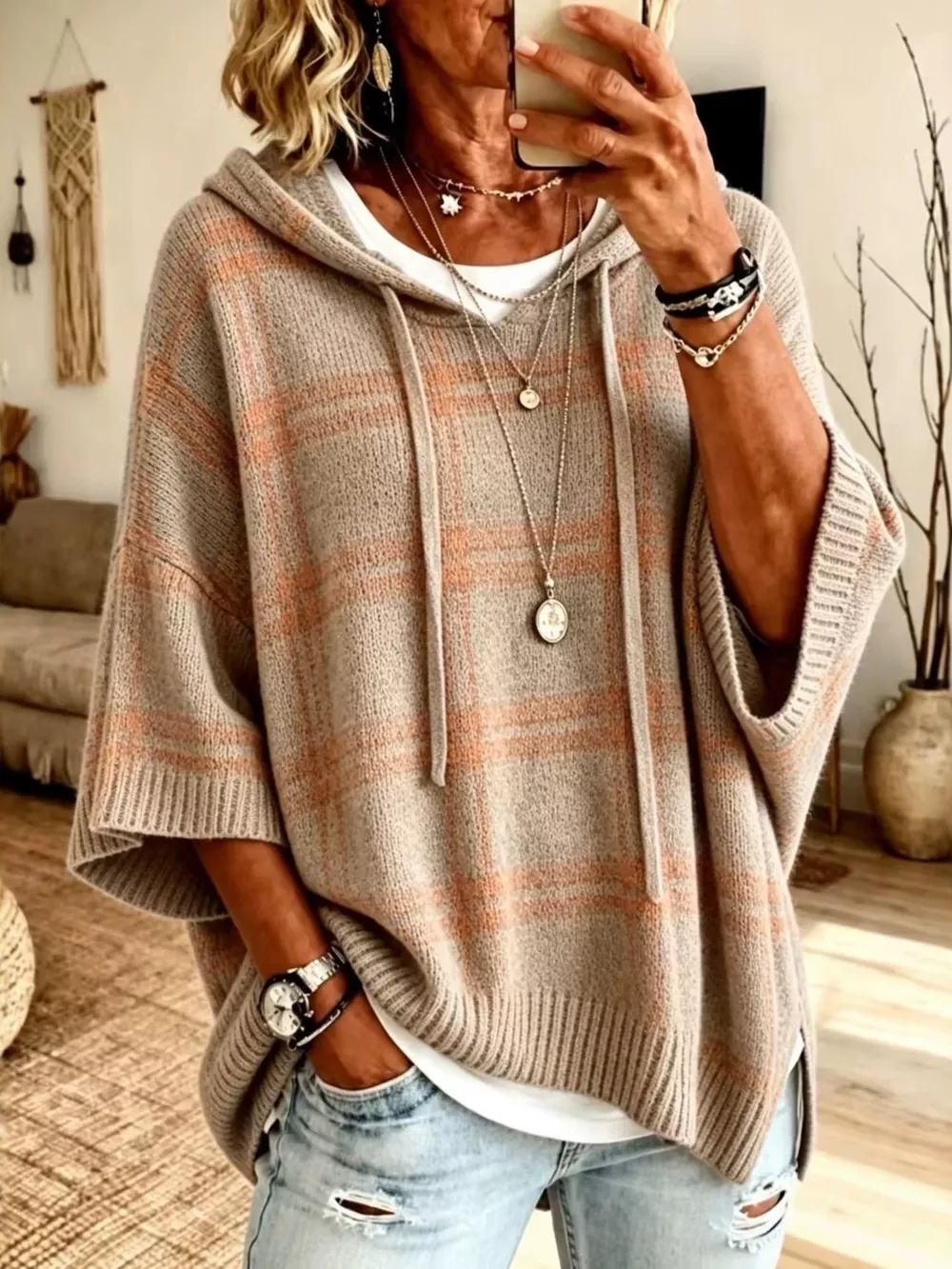 Full Size Drawstring Plaid Hooded Sweater Plus Size, image 13