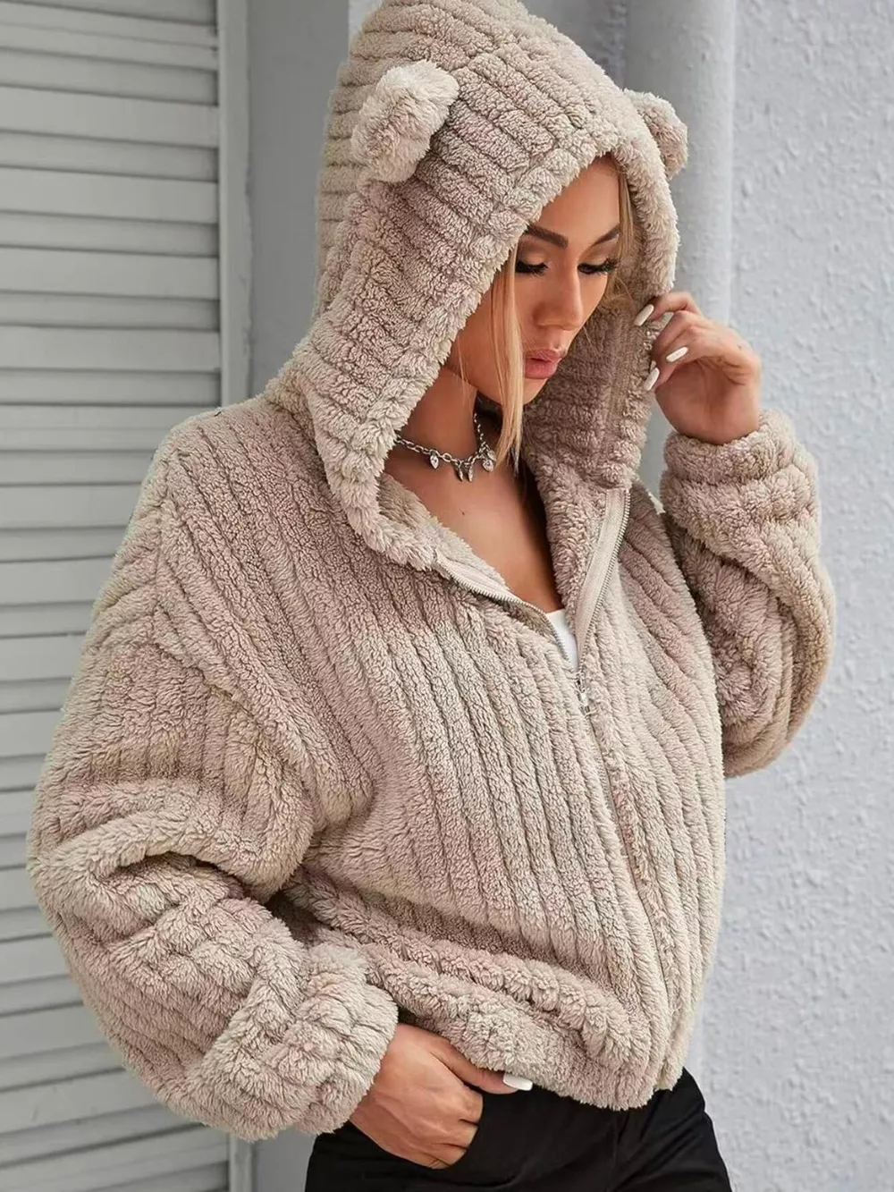 Teddy Bear Ear Hooded Fleece Outerwear, image 2