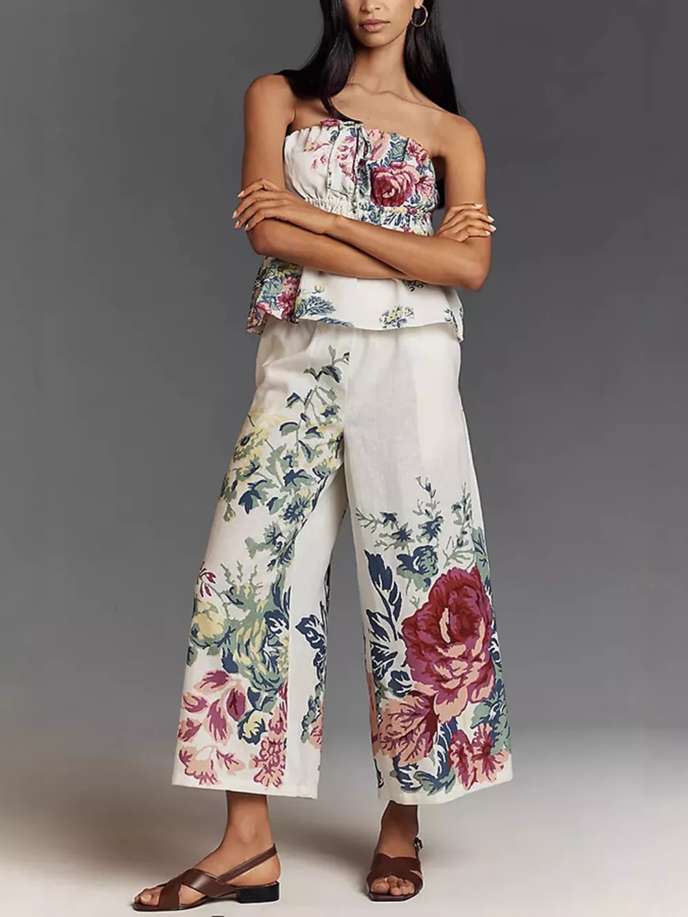 Floral Print Strapless Top and Wide-Leg Pants Set, image 2