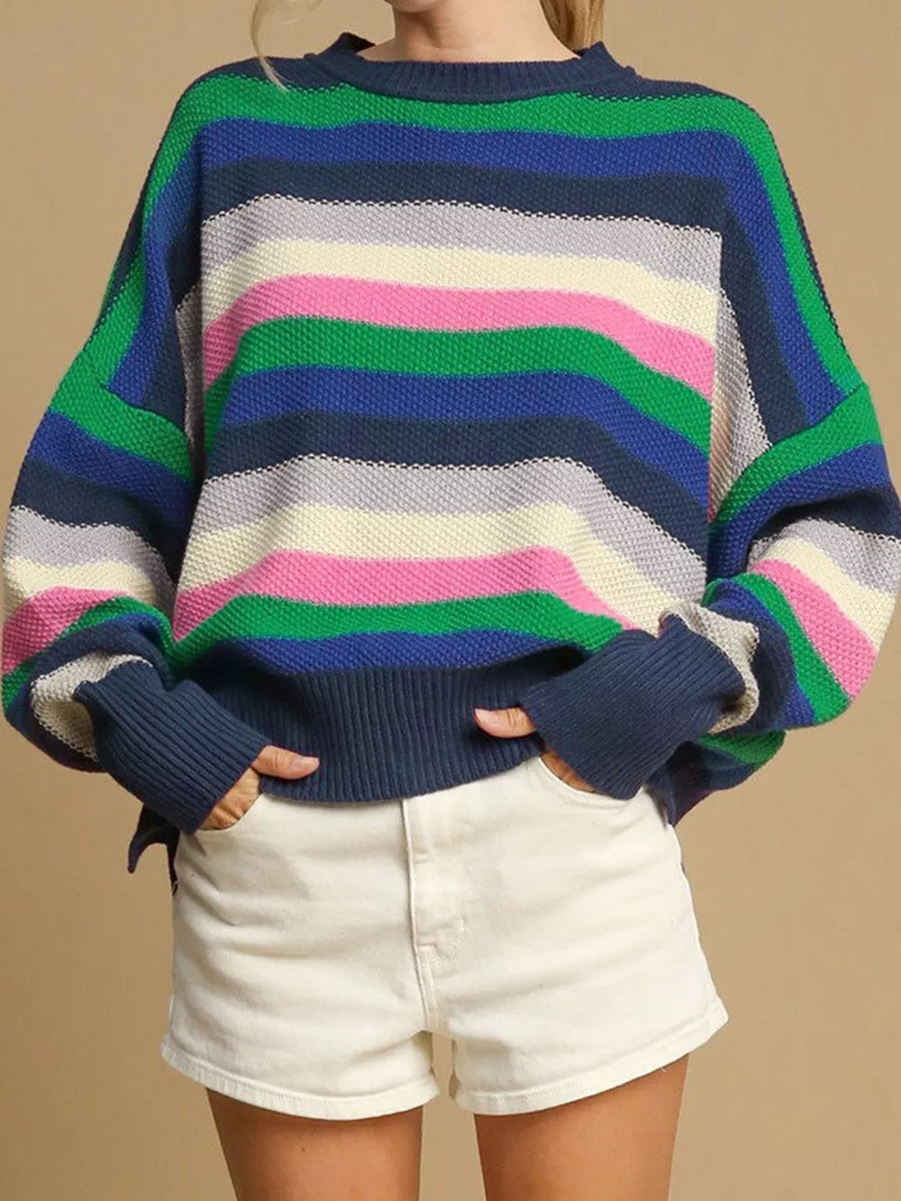 Rainbow Striped Crew Neck Drop Shoulder Sweater