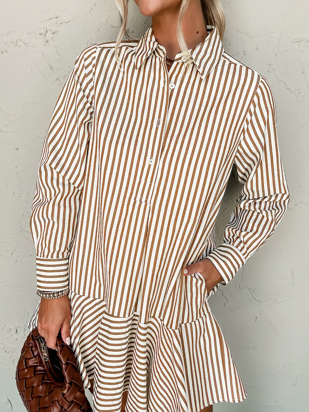 Stripe Ruffled Hem Collared Long Sleeve Shirt Mini Dress