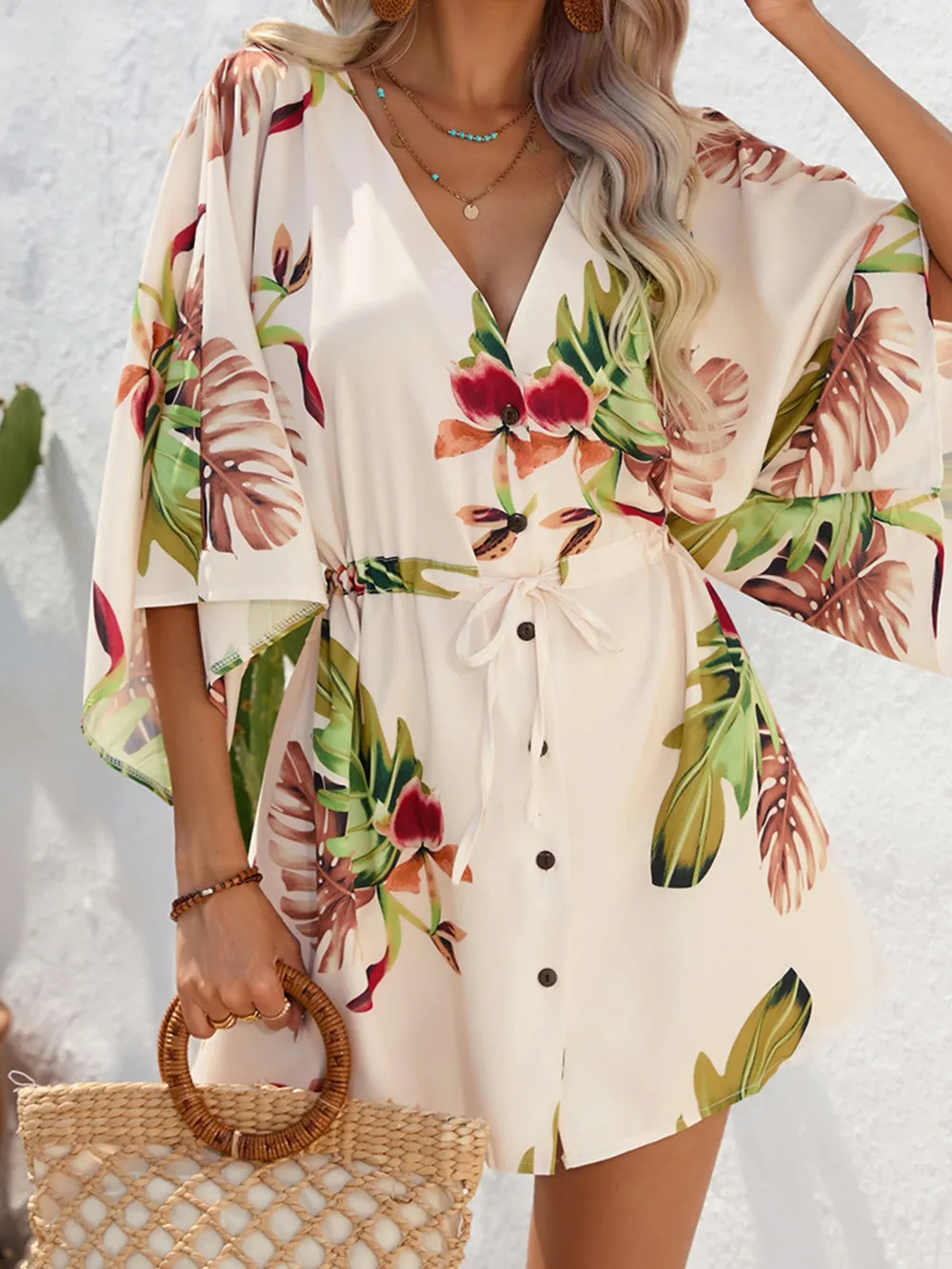Color Block Drawstring Waist Button Up Dress, image 5