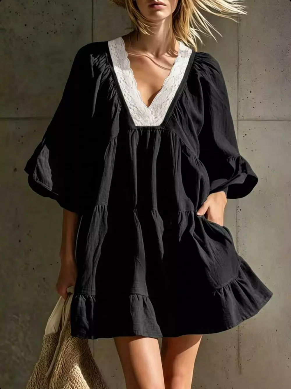Full Size Lace Trim Puff Sleeve Mini Dress Plus Size