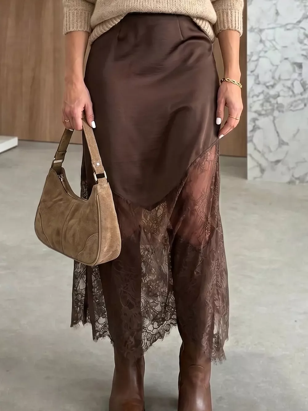 Lace Patchwork Hem Long Casual Shift Skirt