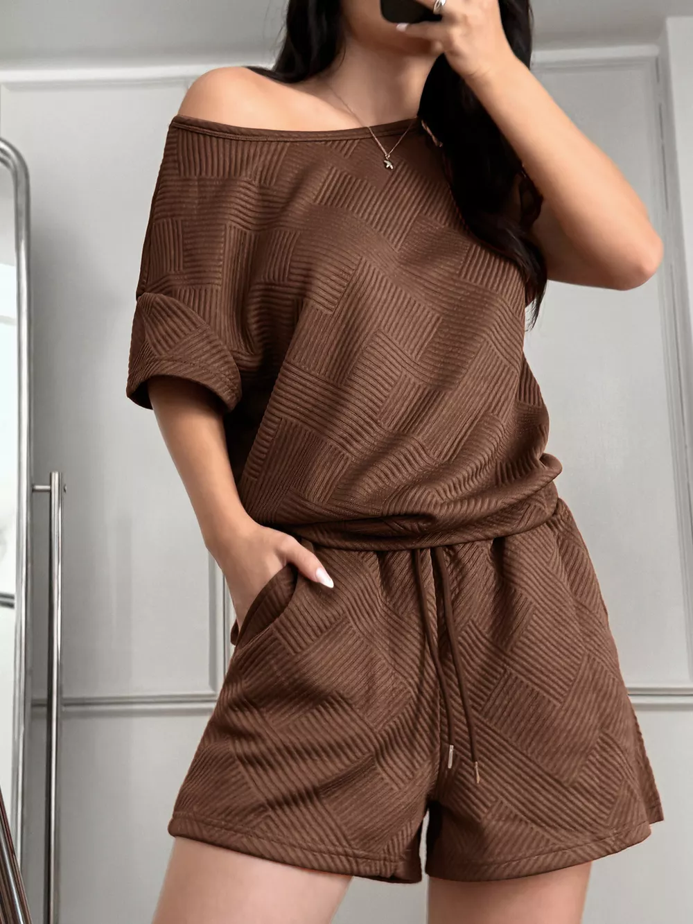 Textured Knit Round Neck Top and Shorts Set, image 3