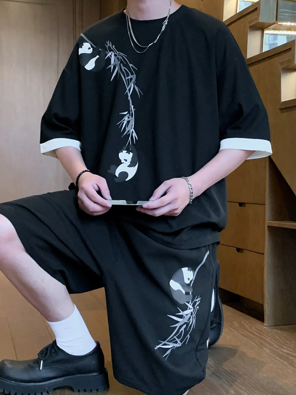 Men's Full Size Panda Bamboo Print Tee and Shorts Set Plus Size, image 4