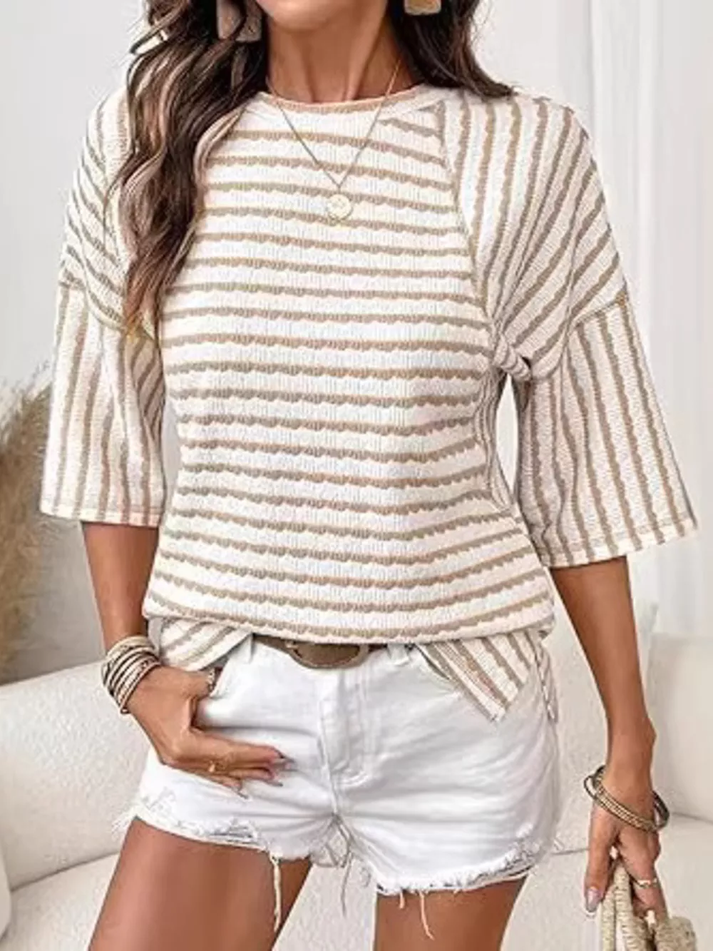 Striped Knit Round Neck T-Shirt, image 6
