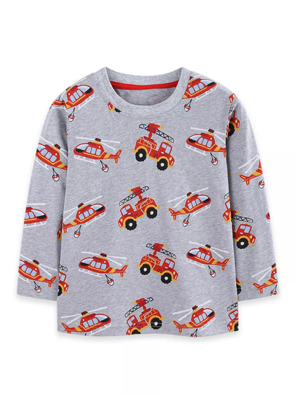Children's Fire Truck Helicopter Print Long Sleeve Crew Neck T-Shirt, image 4