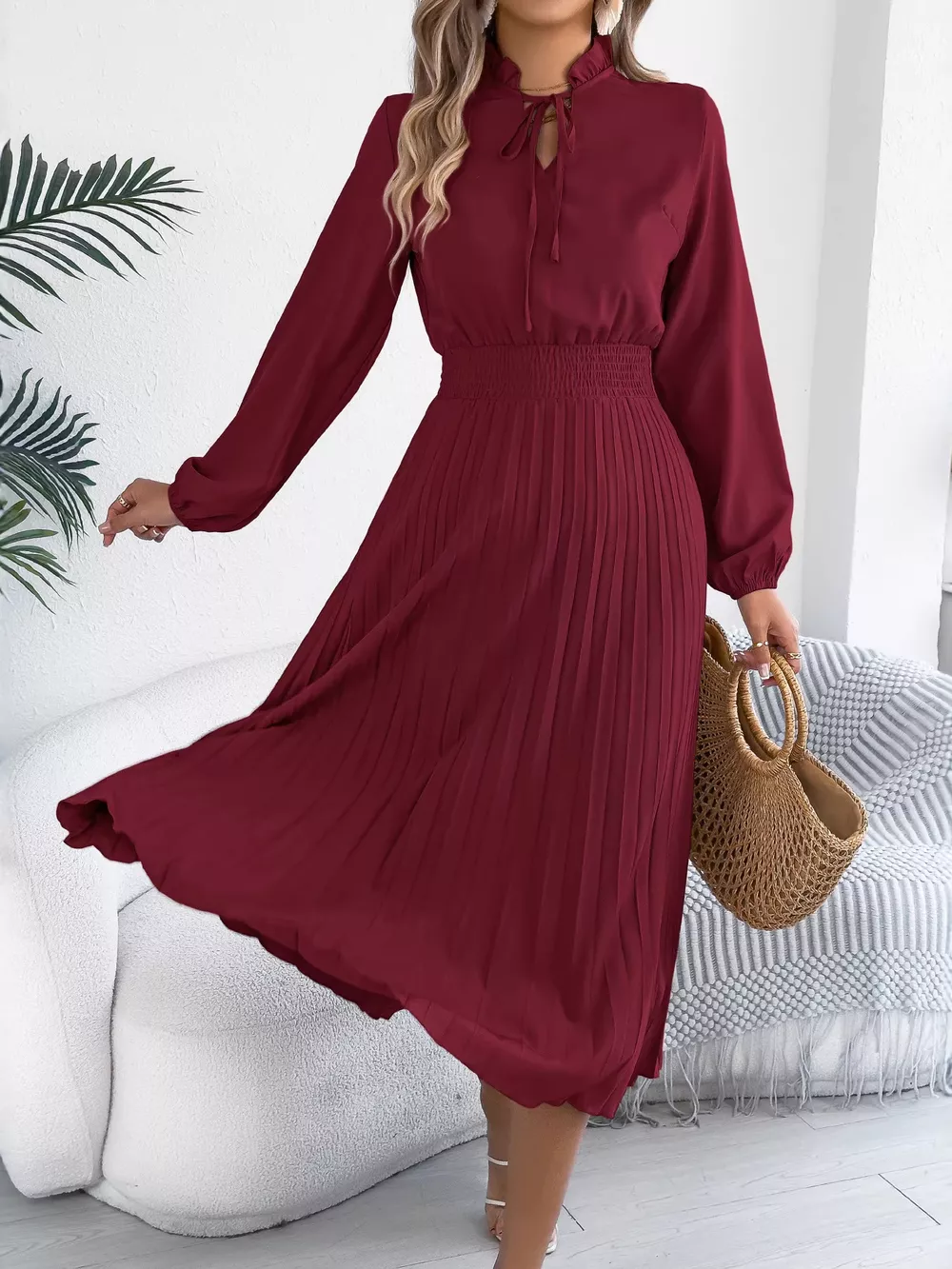 Smocked Pleated Tie Neck Dress, image 6