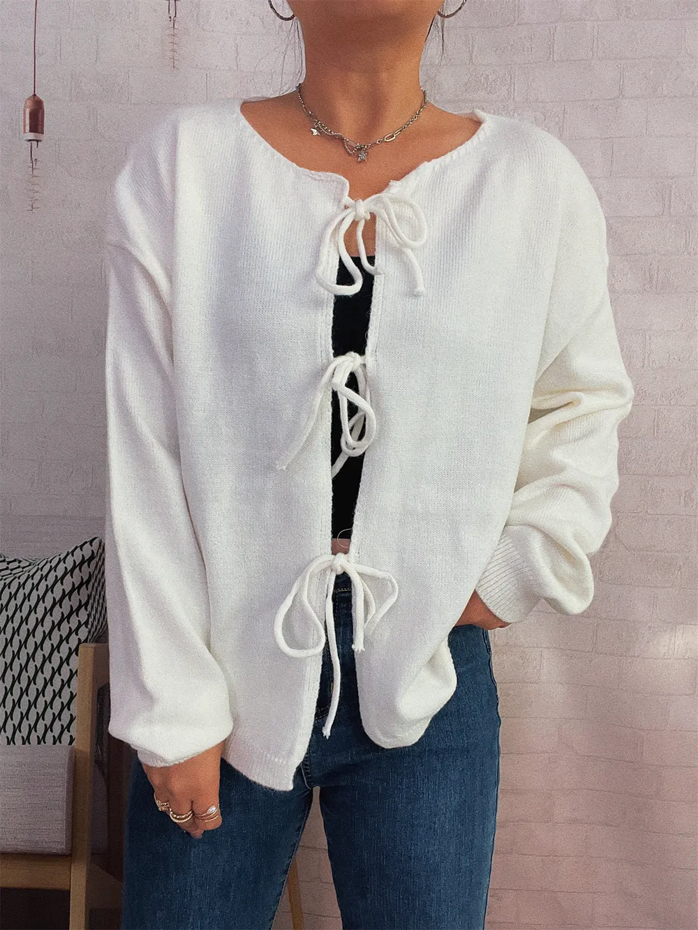 Tie Front Drop Shoulder Cardigan, image 3