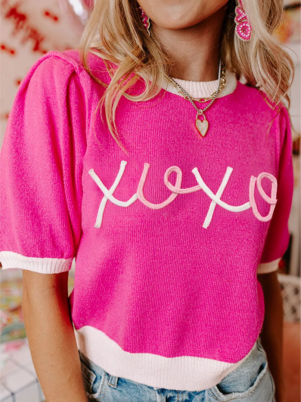 XOXO Valentines Contrast Trim Crew Neck Short Sleeve Sweater