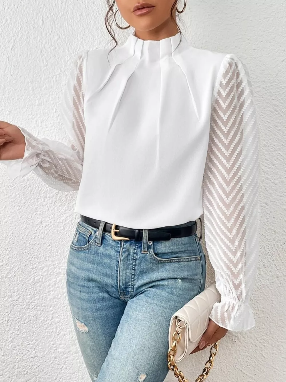 Mock Neck Sheer Lace Sleeve Blouse, image 6