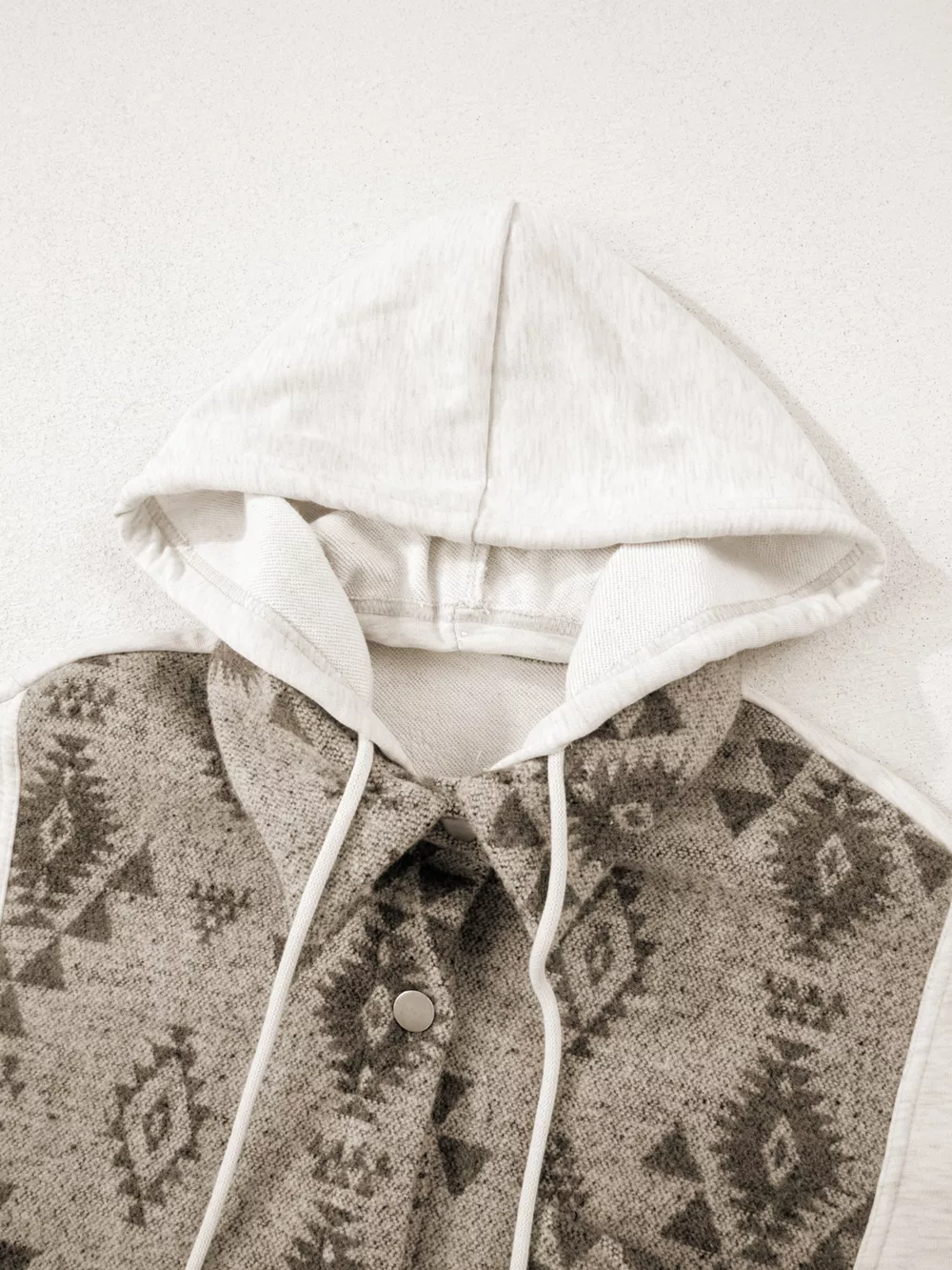 Western Aztec Print Color Block Patchwork Drawstring Hooded Shacket, image 5