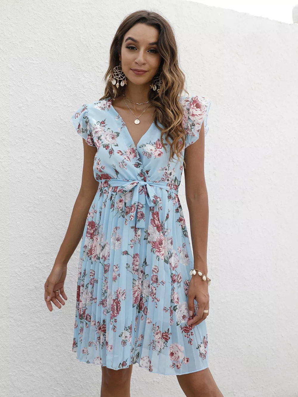 Pleated Floral Print Ruffle Sleeve Dress, image 13