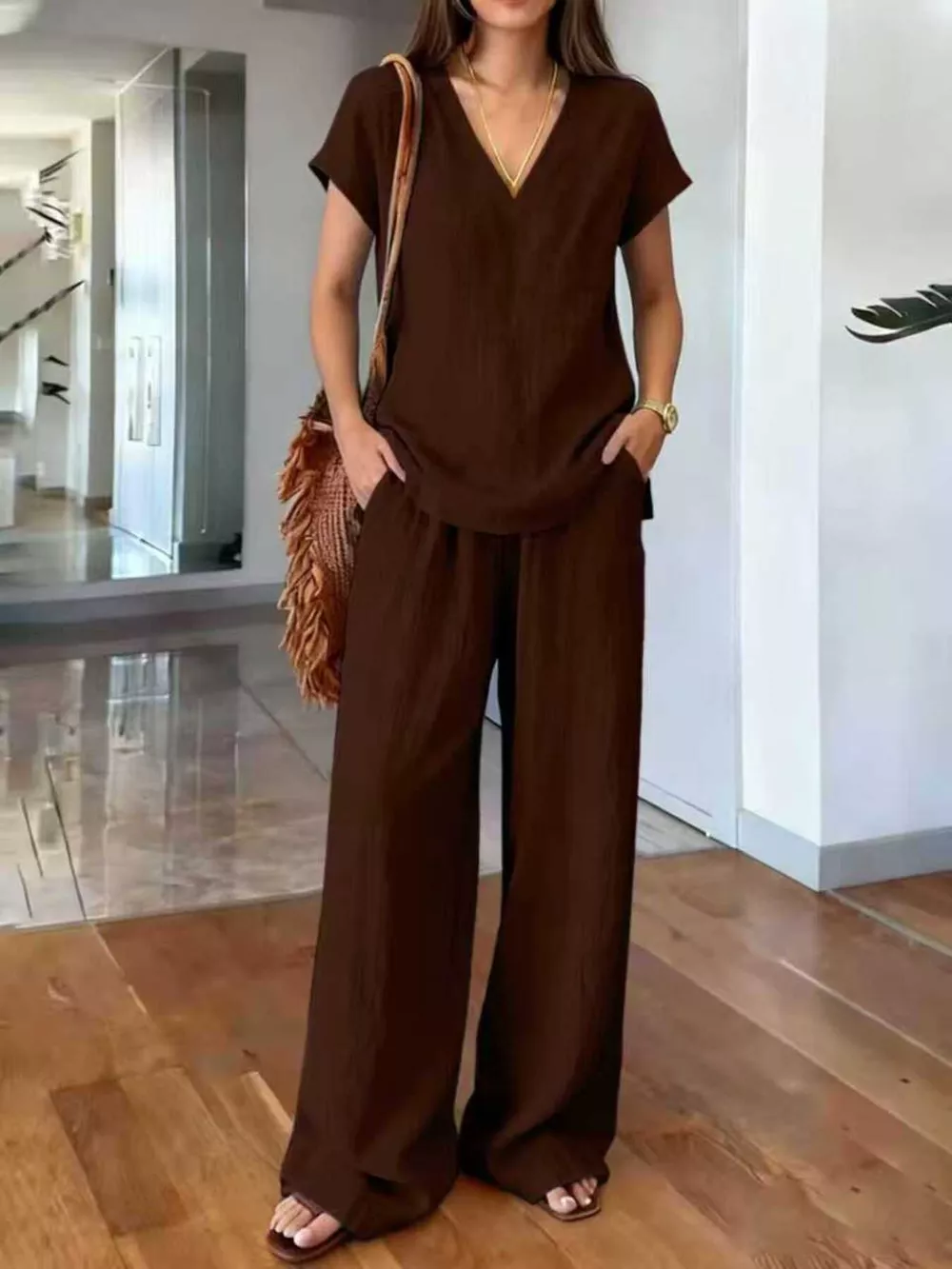 Full Size V-Neck Short Sleeve Top and Pants Set Plus Size, image 9