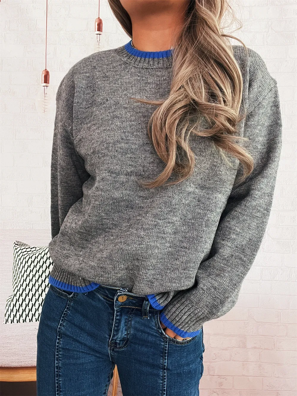 Ribbed Contrast Trim Long Sleeve Sweater, image 3