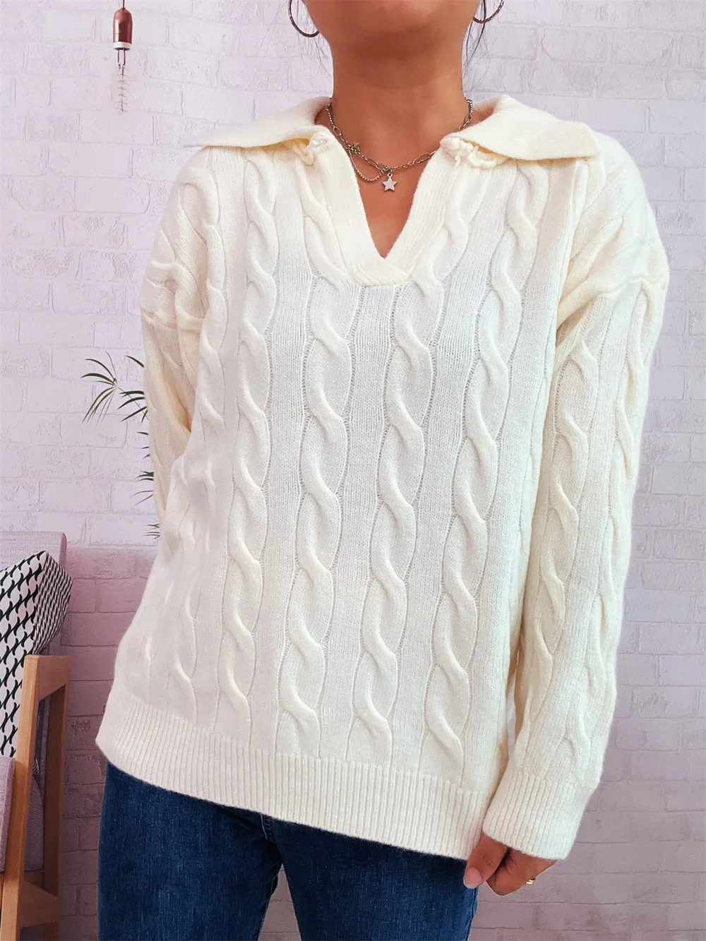 Cable Knit Johnny Collar Sweater, image 26