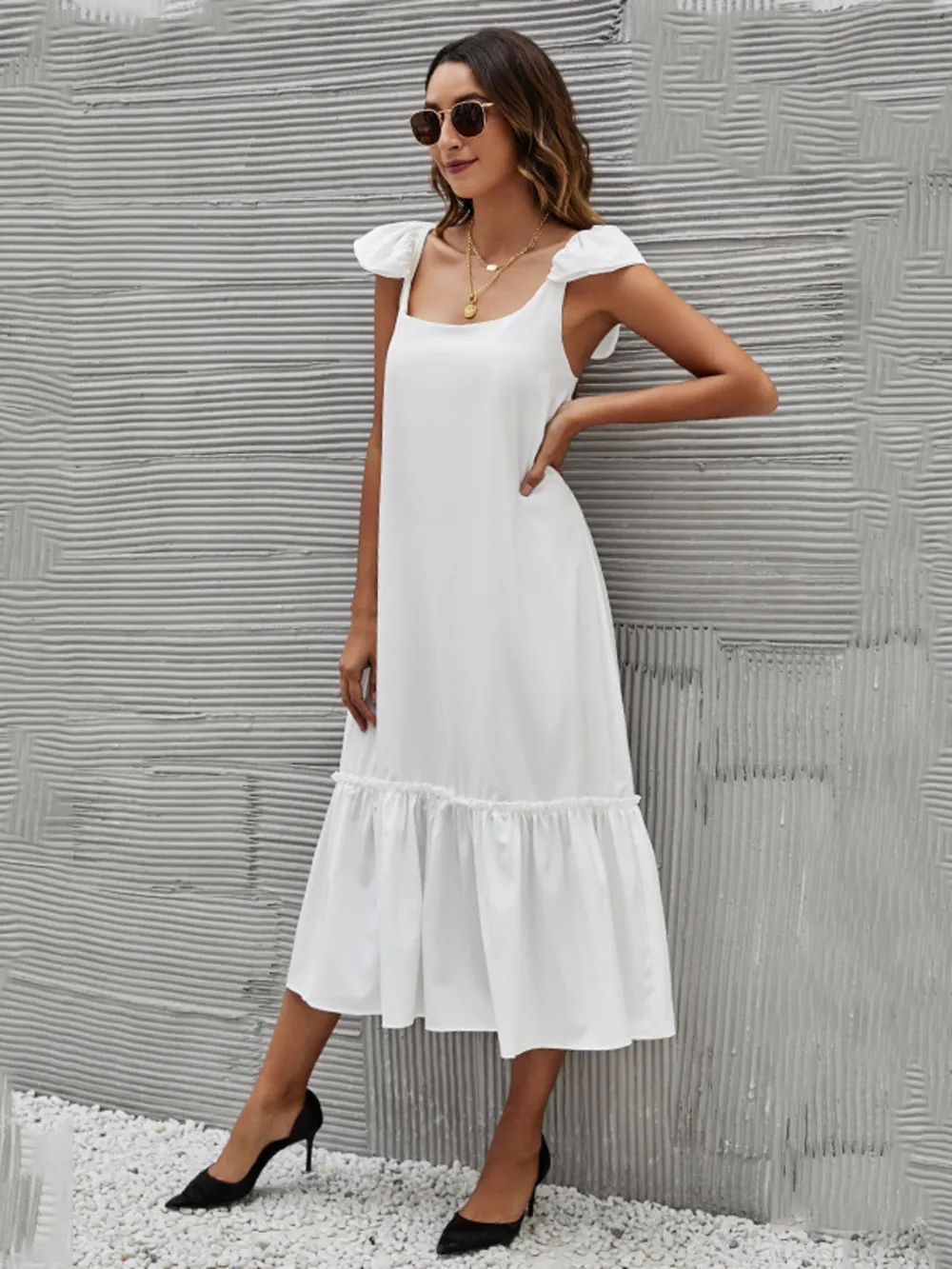 Full Size Ruffled Hem Midi Dress with Cap Sleeves Plus Size, image 5