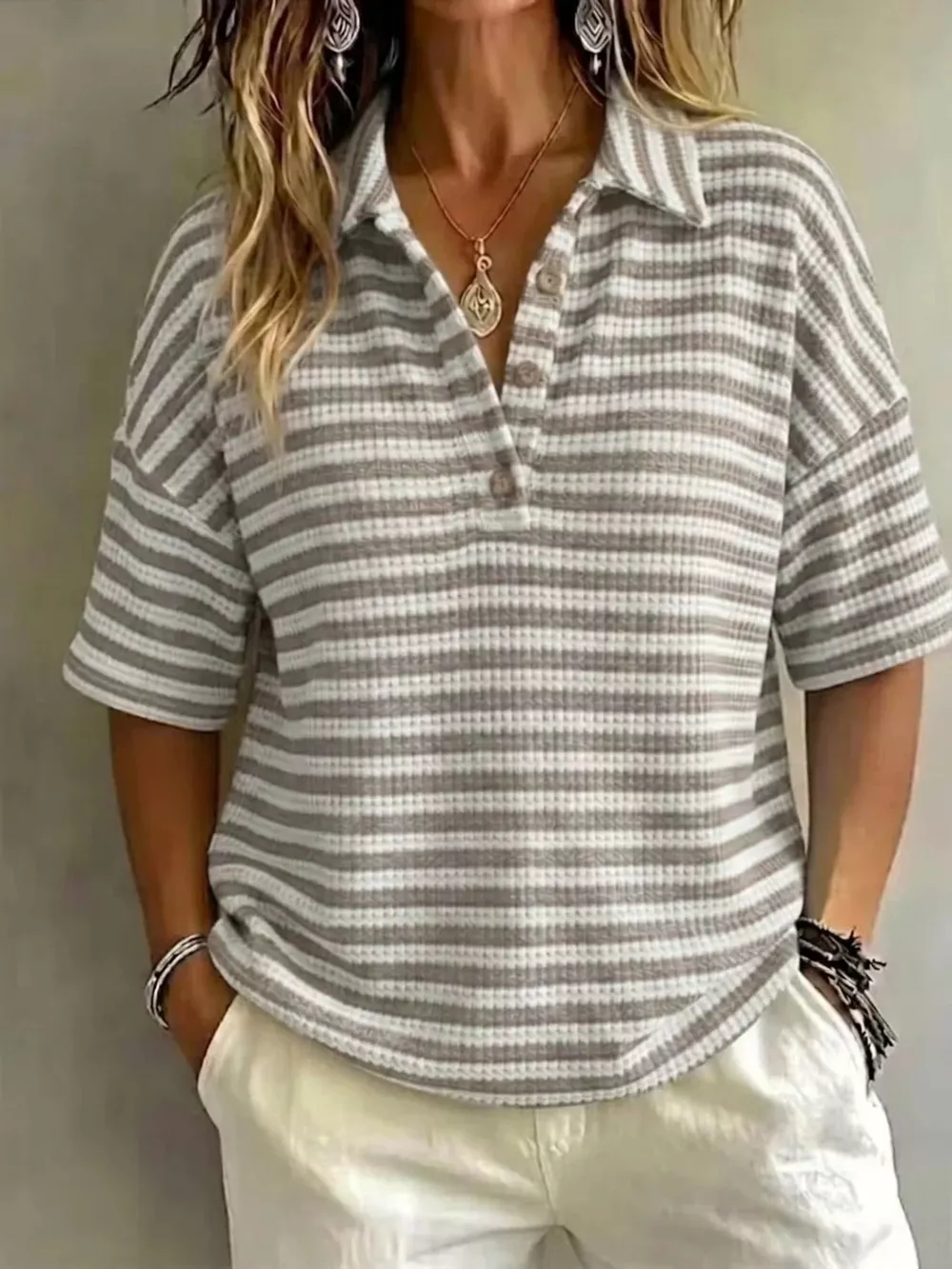 Full Size Contrast Striped Knit Polo Shirt Plus Size, image 5