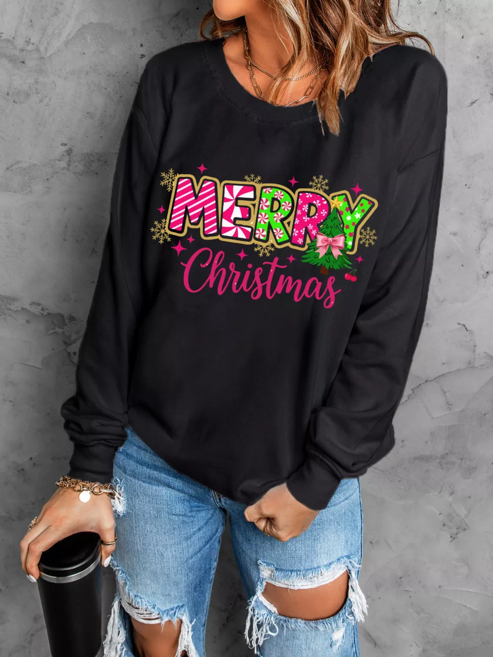 MERRY Christmas Letter Graphic Drop Shoulder Sweatshirt, image 2
