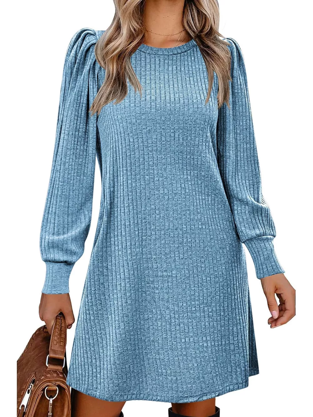 Ribbed Knit Puff Sleeve Casual Mini Dress, image 7