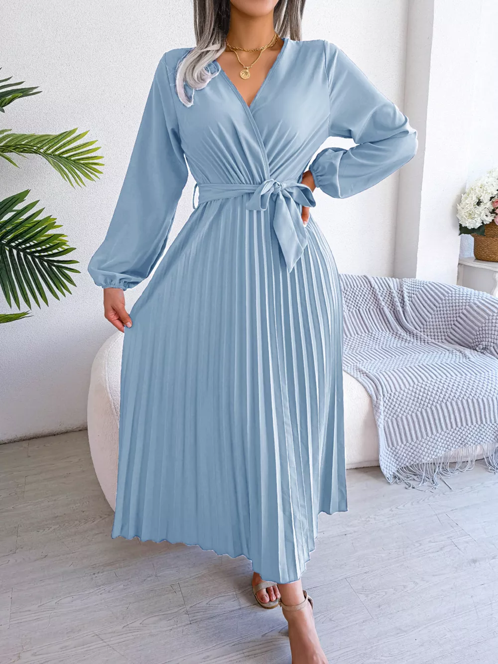 Elegant Pleated Front Tie Long Sleeve Dress, image 15
