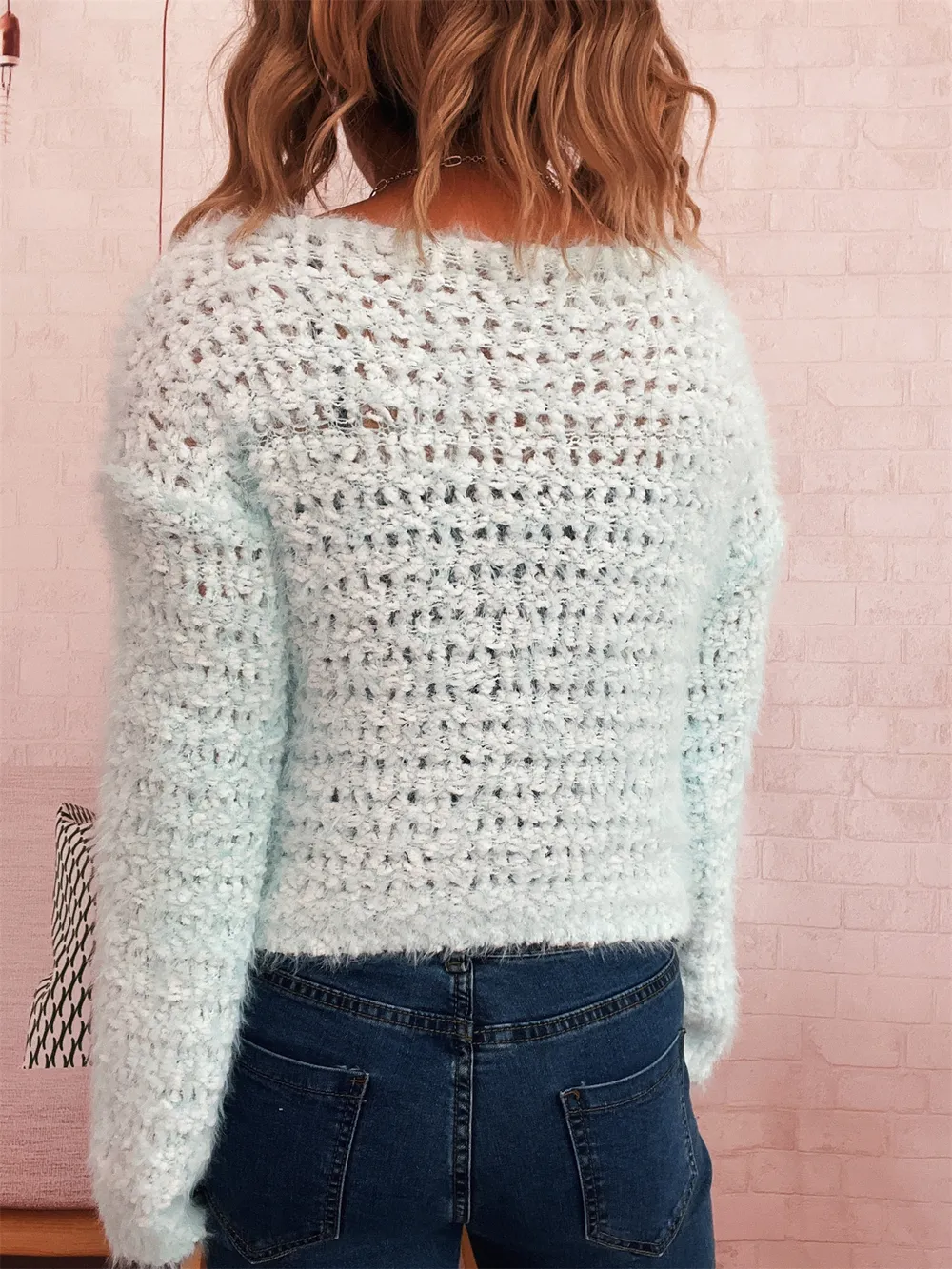Crochet Round Neck Dropped Shoulder Sweater, image 3