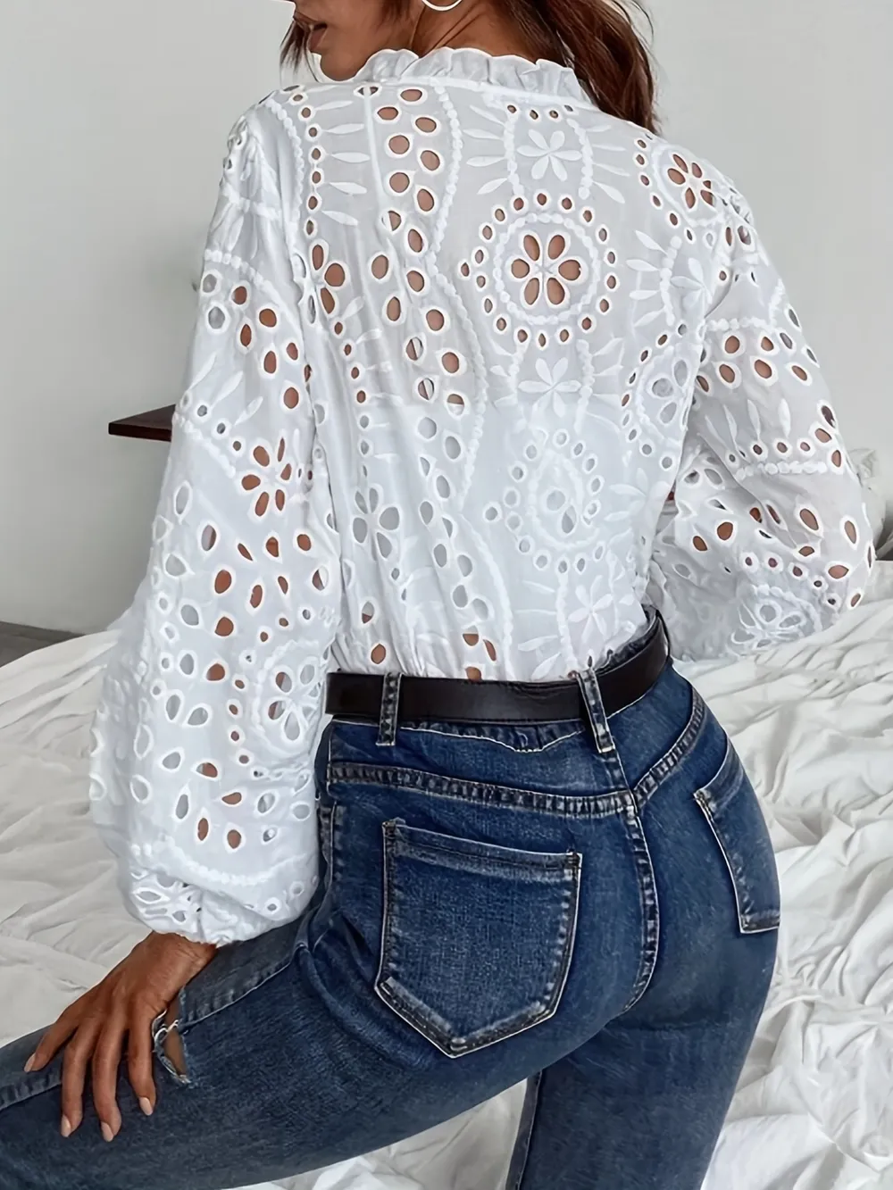 Eyelet Embroidered Button Front Shirt with Puffed Sleeves, image 3