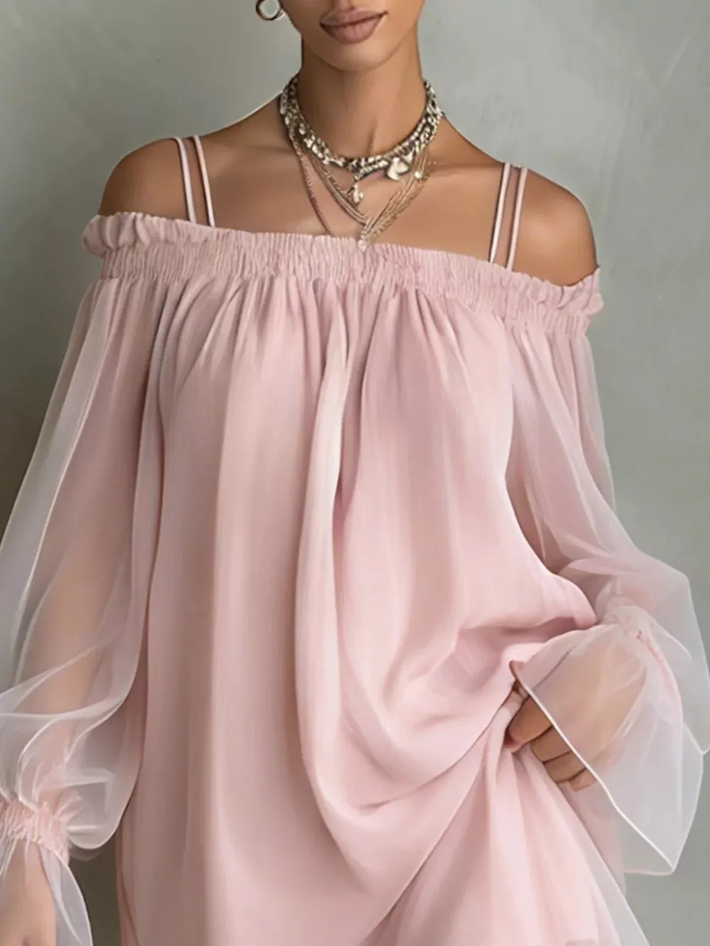Off-Shoulder Sheer Sleeve Mini Dress, image 3