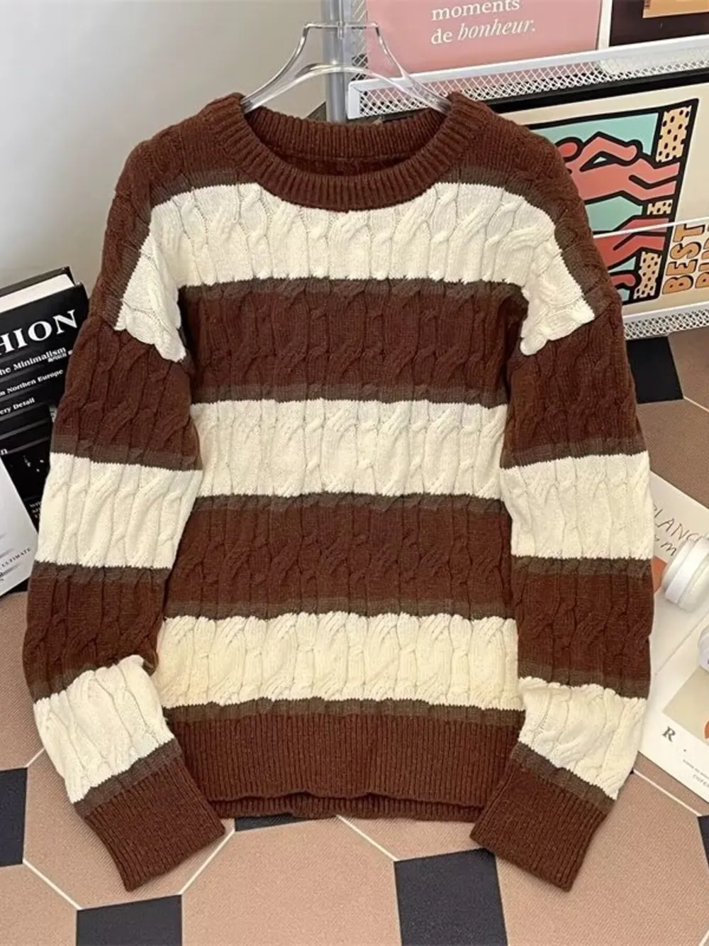 Men's Plus Size Striped Cable Knit Pullover Sweater, image 3