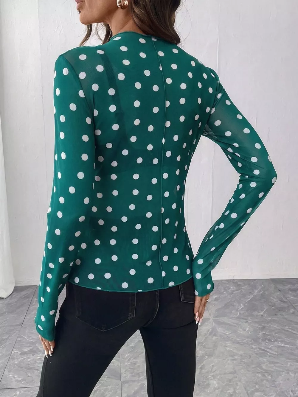 Sheer Polka Dot Long Sleeve Mock Neck Top, image 9