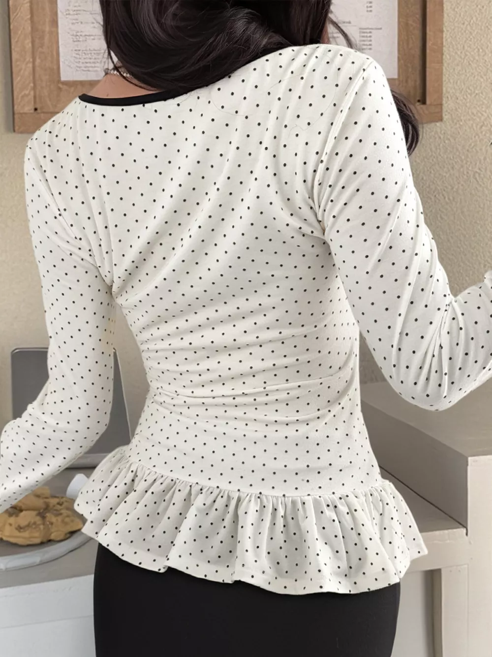 Polka Dot Ruffle Trim Long Sleeve T-Shirt, image 5