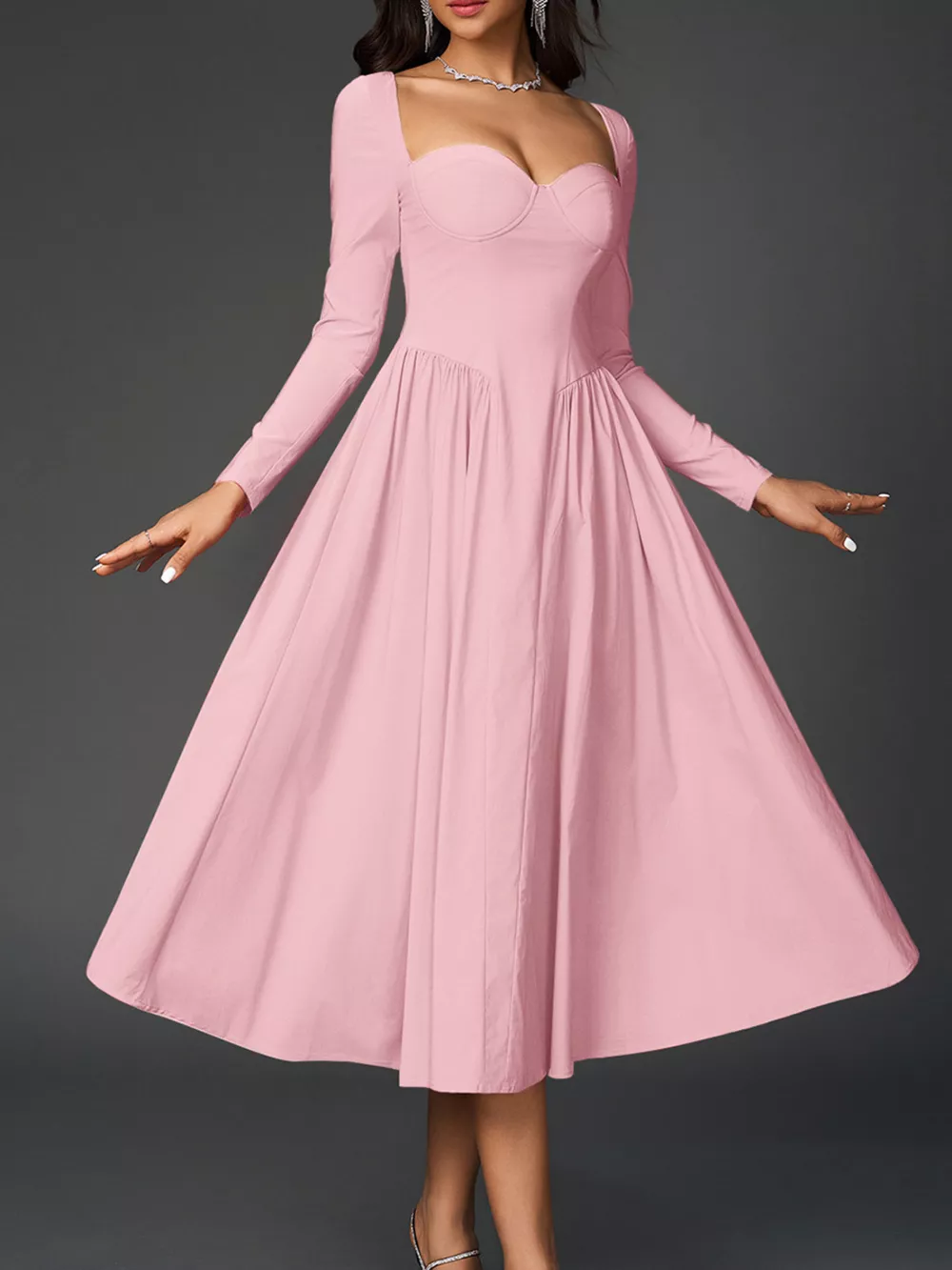 Sweetheart Neckline Long Sleeve A-Line Midi Dress, image 28
