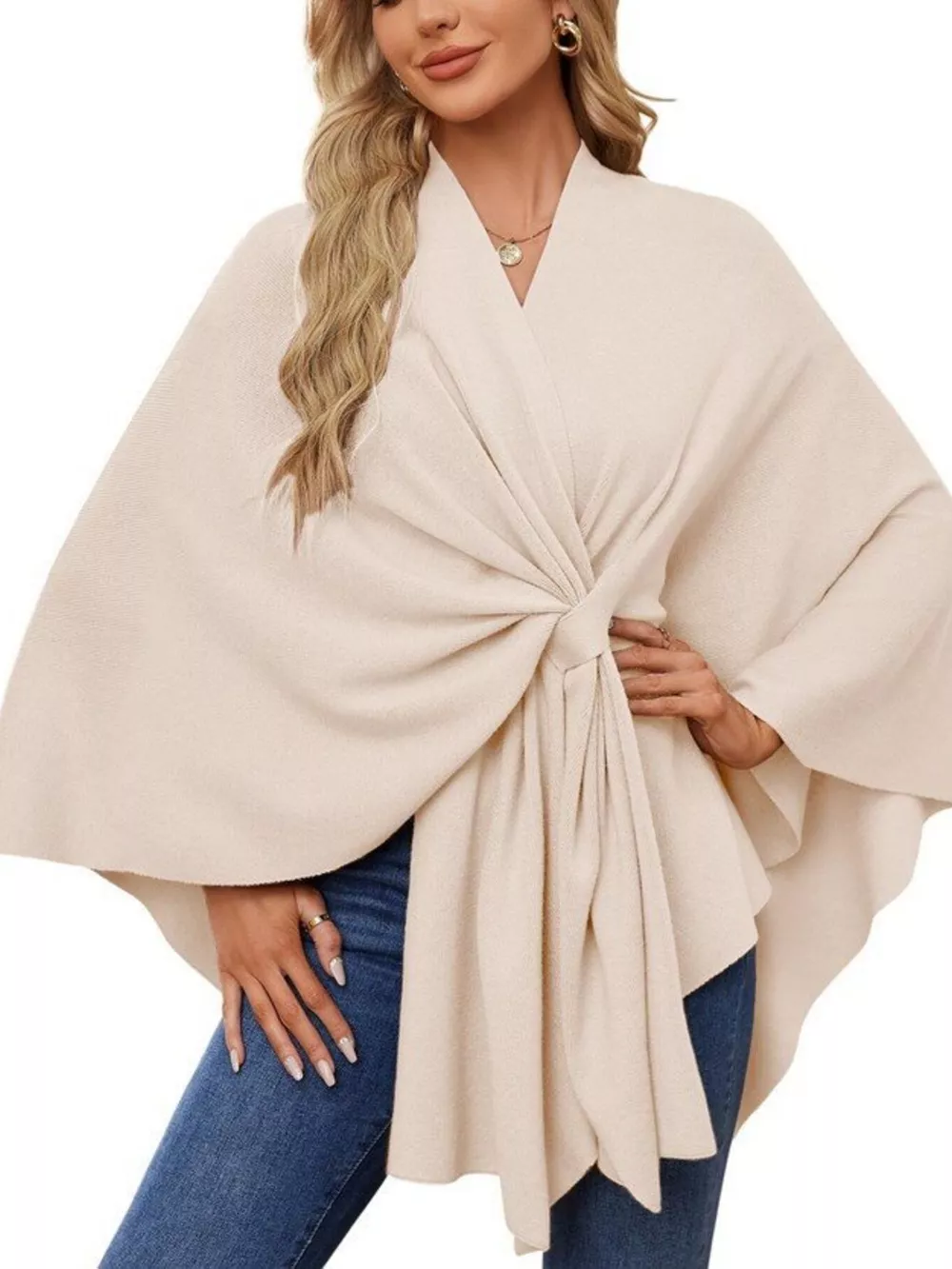 Solid Color Tie-Front Knit Cape Top, image 16