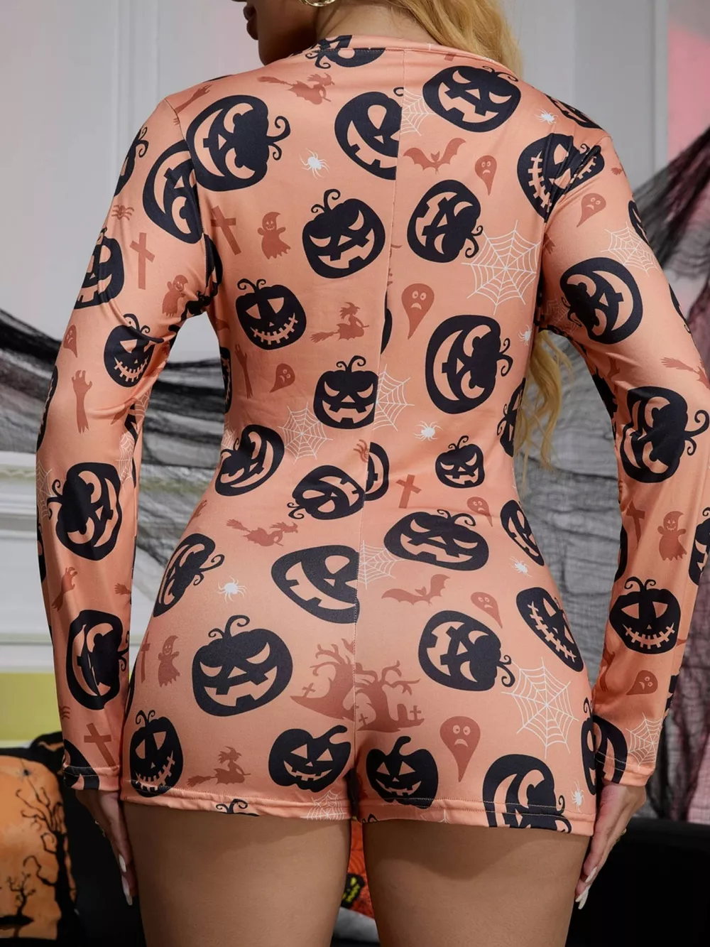 Halloween Pumpkin Print Button-Front Lounge Romper, image 4