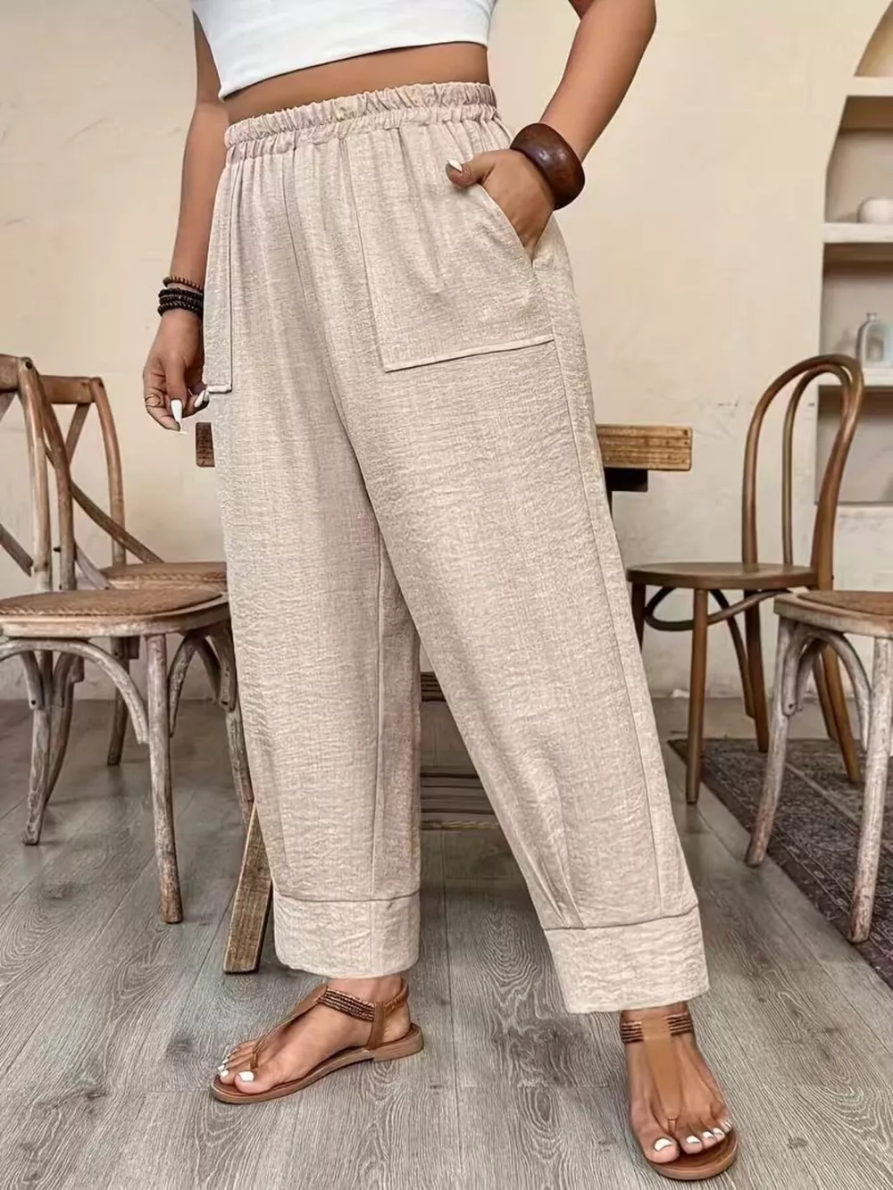 Plus Size High-Waisted Elastic Waist Pants with Pockets, image 3