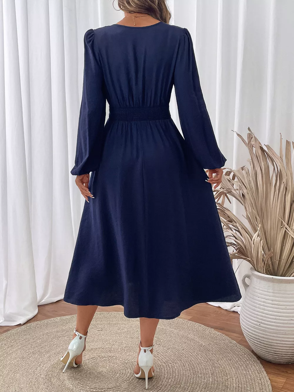 Embroidered Notched Long Sleeve Midi Dress, image 3