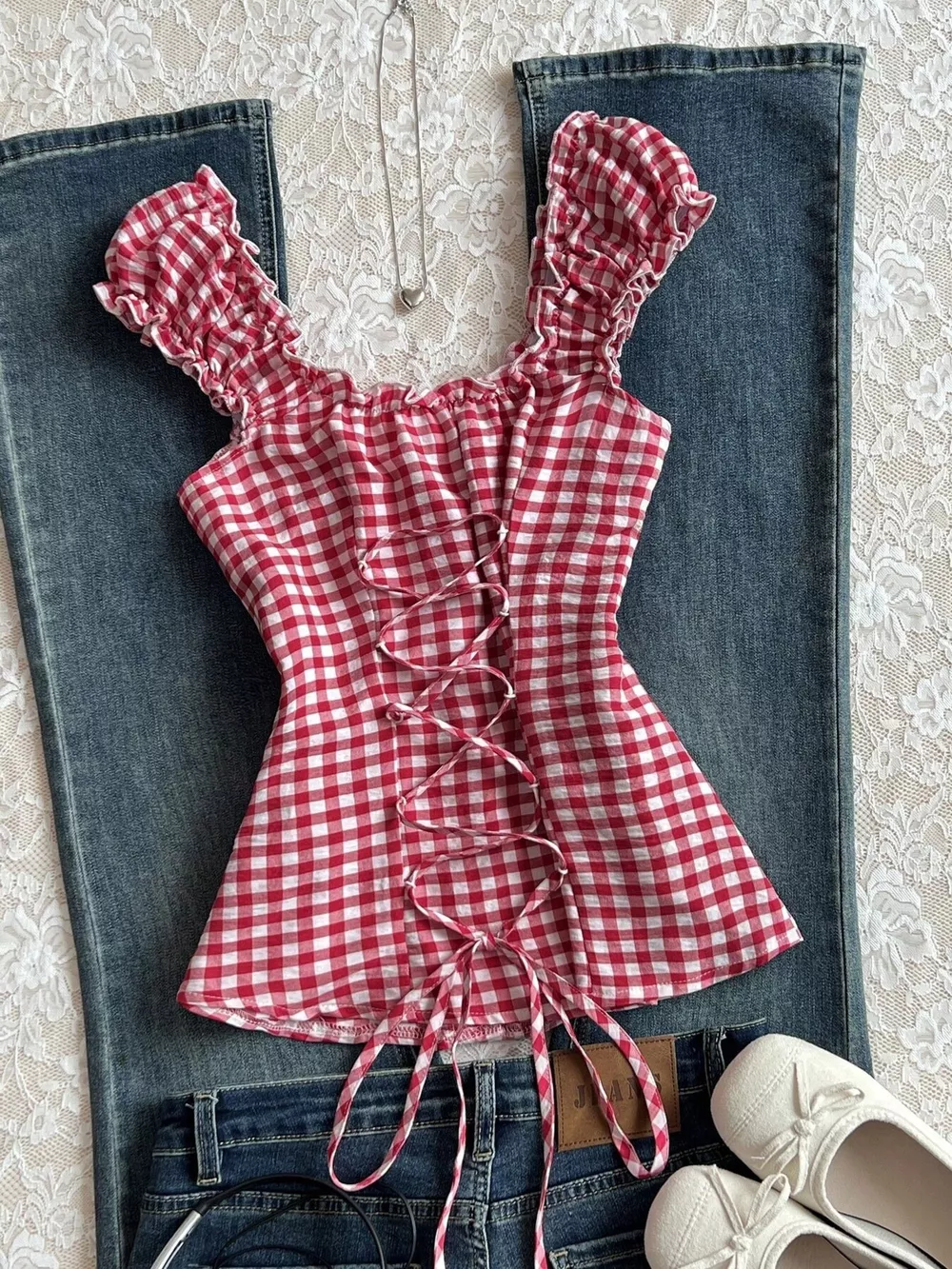 Frill Gingham Cap Sleeve Blouse, image 5