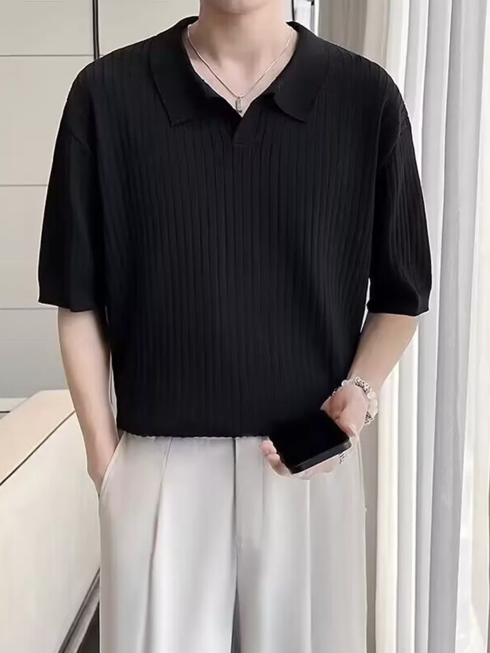 Men's Plus Size Short Sleeve Textured Knit Polo, image 3