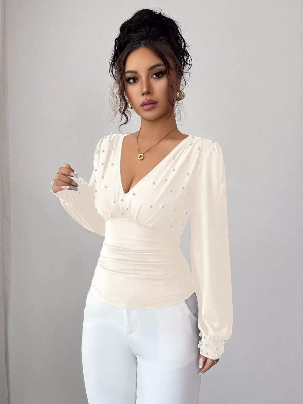Pearl Embellished V-Neck Blouse, image 3